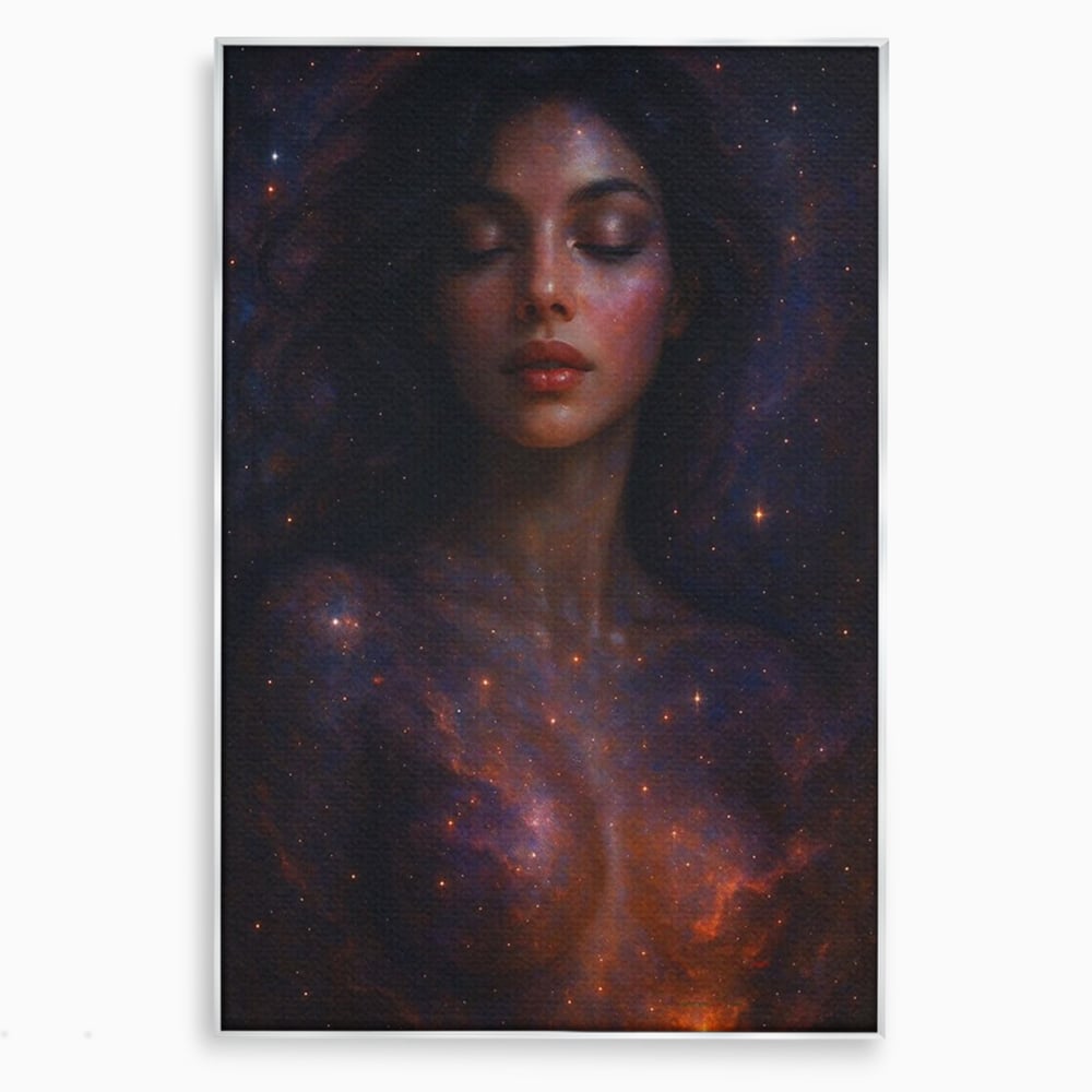 Tablou canvas cu tablou canvas cu femeie si galaxie, in rama de aluminiu argintiu